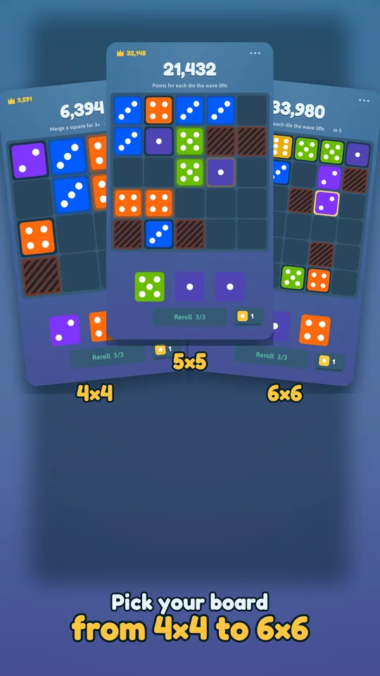 Three board sizes side by side: 4x4, 5x5 and 6x6